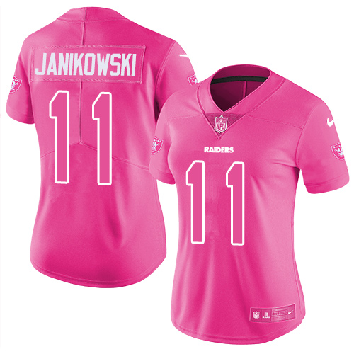 Nike Raiders #11 Sebastian Janikowski Pink Women's Stitched NFL Limited Rush Fashion Jersey - Click Image to Close